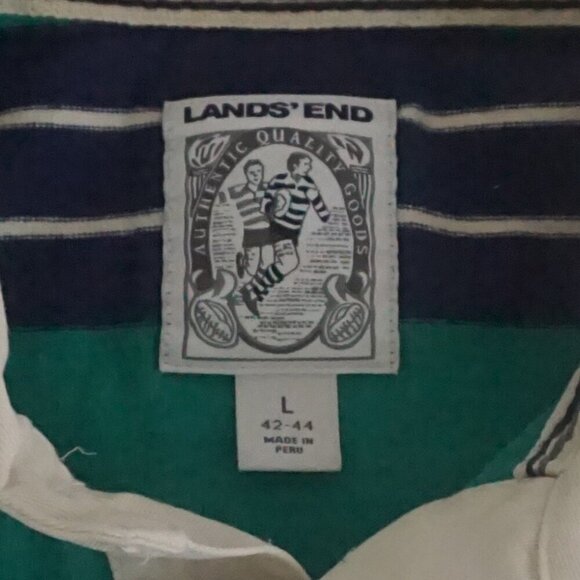 Lands' End Green Blue Stripe Rugby 100% Cotton Long Sleeve Preppy Polo Shirt L - Picture 9 of 9